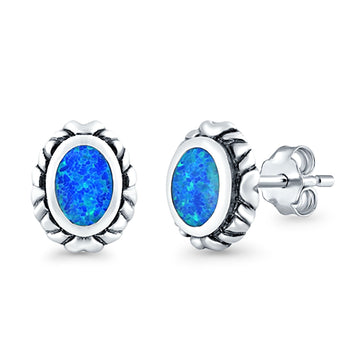 Oval Stud Earrings Lab Created Blue Opal 925 Sterling Silver (10mm)
